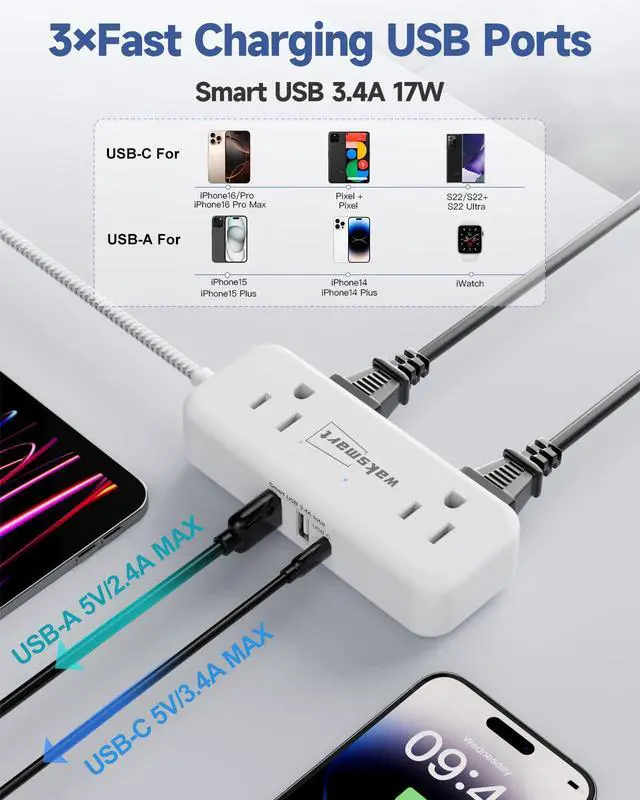 Alt view image 5 of 7 - Flat Plug 25 FT Extension Cord with 4 AC Outlets | Long Braided Extension Cord, 3 USB Ports (5V/3.4A 17W) for Home Office Dorm