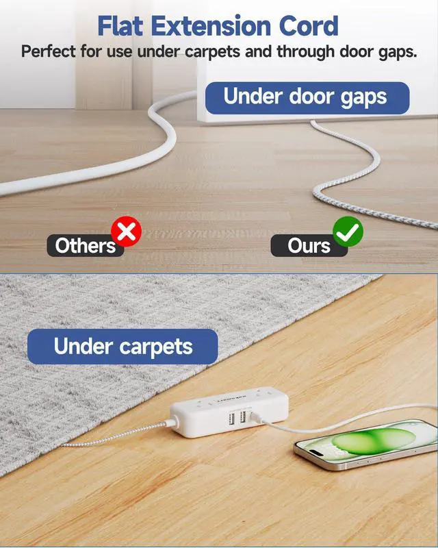 Alt view image 6 of 7 - Flat Plug 25 FT Extension Cord with 4 AC Outlets | Long Braided Extension Cord, 3 USB Ports (5V/3.4A 17W) for Home Office Dorm