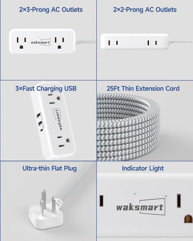 Alt view image 7 of 7 - Flat Plug 25 FT Extension Cord with 4 AC Outlets | Long Braided Extension Cord, 3 USB Ports (5V/3.4A 17W) for Home Office Dorm