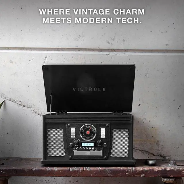 Alt view image 4 of 7 - Navigator - 8-in-1 Bluetooth Record Player - Mahogany | Real wood cabinet plays vinyl, CD, cassette, FM radio, USB and aux, built-in speakers, remote control included