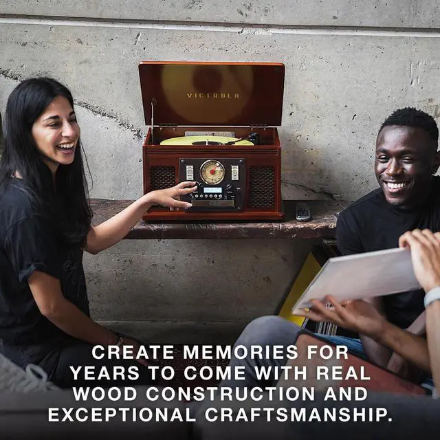 Alt view image 5 of 7 - Navigator - 8-in-1 Bluetooth Record Player - Mahogany | Real wood cabinet plays vinyl, CD, cassette, FM radio, USB and aux, built-in speakers, remote control included