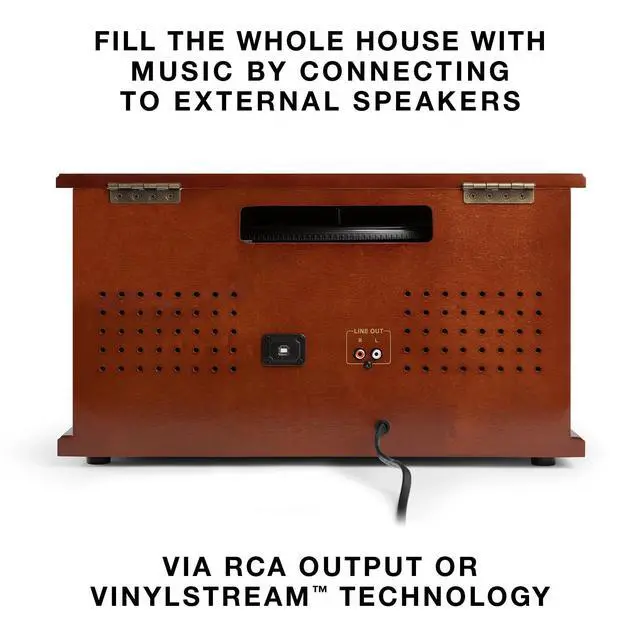 Alt view image 6 of 7 - Navigator - 8-in-1 Bluetooth Record Player - Mahogany | Real wood cabinet plays vinyl, CD, cassette, FM radio, USB and aux, built-in speakers, remote control included
