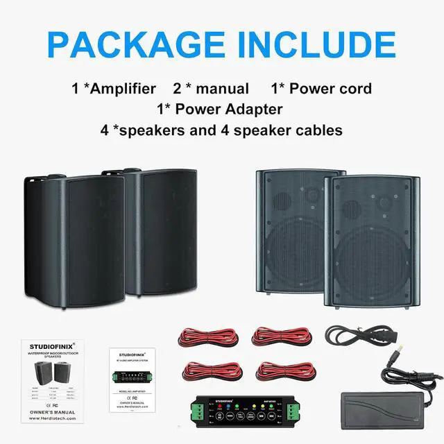 Alt view image 3 of 7 - 800W 6.5 Inch Outdoor Bluetooth Speakers Waterproof Wired with Multifunctional Amplifier Wall Mount Weatherproof Loudspeaker System for Patio Garden Poolside Home(4 Speakers,Black)