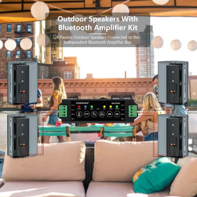 Alt view image 2 of 7 - 800W 6.5 Inch Outdoor Bluetooth Speakers Waterproof Wired with Multifunctional Amplifier Wall Mount Weatherproof Loudspeaker System for Patio Garden Poolside Home(4 Speakers,Black)