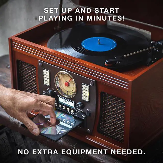 Alt view image 7 of 7 - Navigator - 8-in-1 Bluetooth Record Player - Mahogany | Real wood cabinet plays vinyl, CD, cassette, FM radio, USB and aux, built-in speakers, remote control included