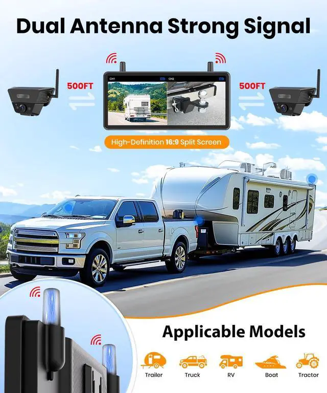 Alt view image 4 of 7 - Dual Solar Wireless Magnetic Backup Camera, 2-Min Easy Install | 7.2" 1080P Split-Screen DVR Monitor, Wall-Mount, Hitch Back up Camera, IR Night Vision, IP69K Waterproof for Truck,RV,Trailer