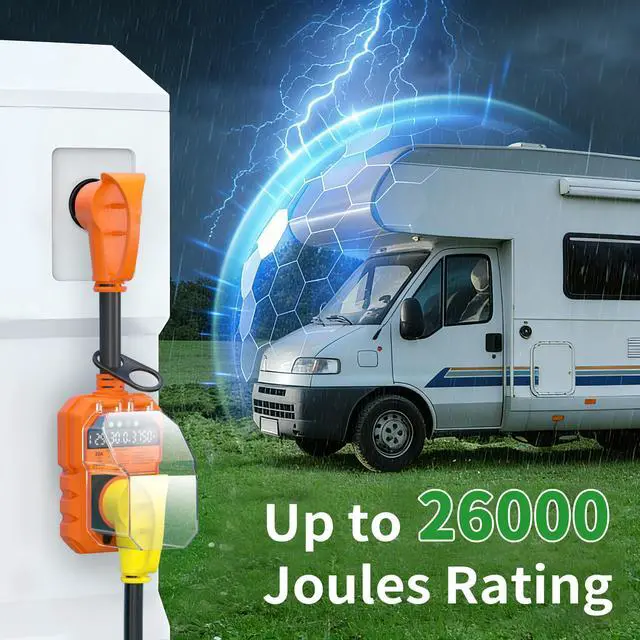 Alt view image 4 of 7 - 30 Amp RV Surge Protector 26000J Overload Auto Shutoff & Manual Reset | LED Display Real-Time Monitoring Circuit Analyzer, IP68 Waterproof Cover, Suitable for Campers & Travel Trailers