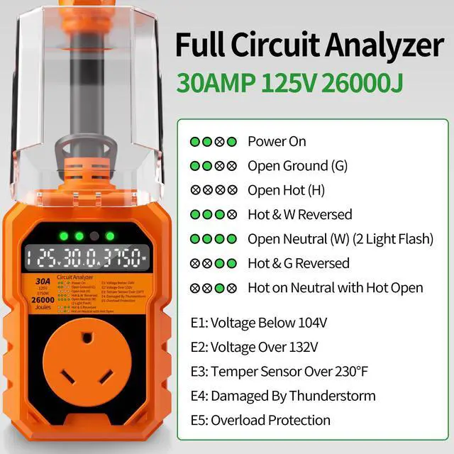 Alt view image 2 of 7 - 30 Amp RV Surge Protector 26000J Overload Auto Shutoff & Manual Reset | LED Display Real-Time Monitoring Circuit Analyzer, IP68 Waterproof Cover, Suitable for Campers & Travel Trailers