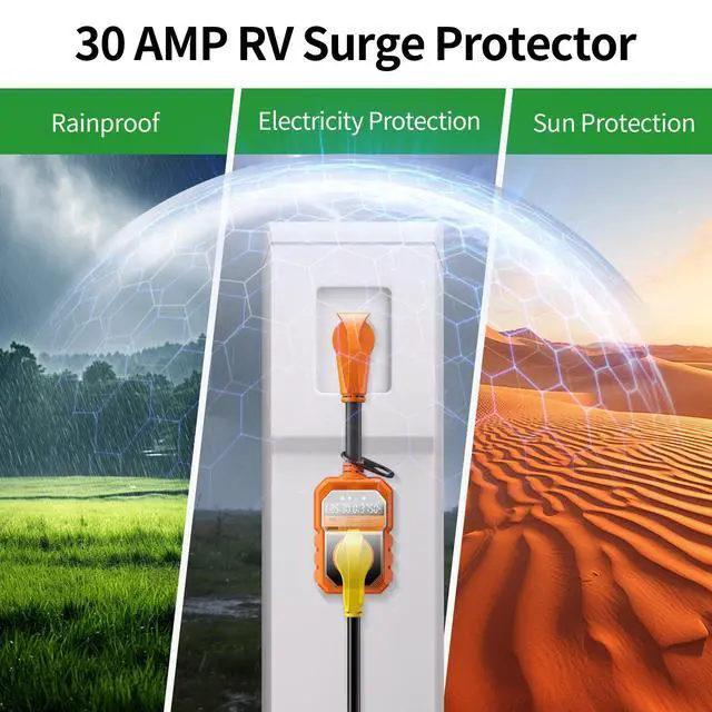 Alt view image 7 of 7 - 30 Amp RV Surge Protector 26000J Overload Auto Shutoff & Manual Reset | LED Display Real-Time Monitoring Circuit Analyzer, IP68 Waterproof Cover, Suitable for Campers & Travel Trailers