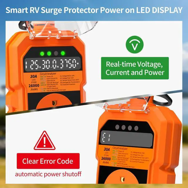 Alt view image 3 of 7 - 30 Amp RV Surge Protector 26000J Overload Auto Shutoff & Manual Reset | LED Display Real-Time Monitoring Circuit Analyzer, IP68 Waterproof Cover, Suitable for Campers & Travel Trailers