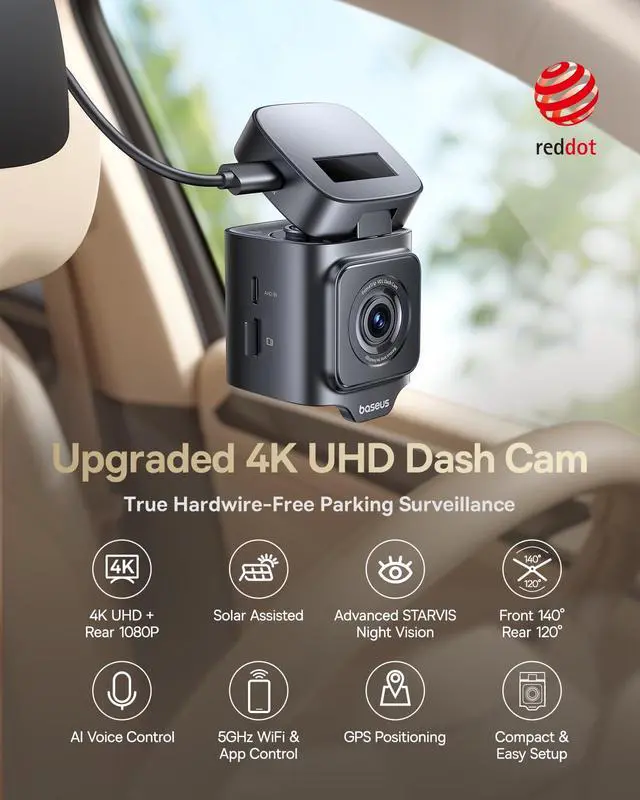 Alt view image 2 of 7 - VD1 Pro Solar Dash Cam Front and Rear, 4K+1080P Dash Camera for Cars, Battery Powered Parking Mode, Starvis Night Vision, 32 GB Card Included, 5GHz WiFi, GPS, Wide Angle,Voice Control