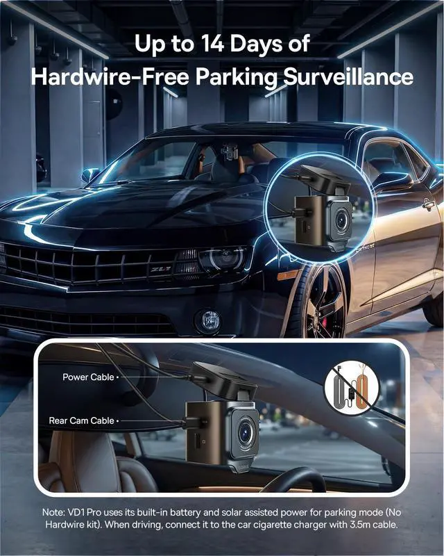 Alt view image 3 of 7 - VD1 Pro Solar Dash Cam Front and Rear, 4K+1080P Dash Camera for Cars, Battery Powered Parking Mode, Starvis Night Vision, 32 GB Card Included, 5GHz WiFi, GPS, Wide Angle,Voice Control