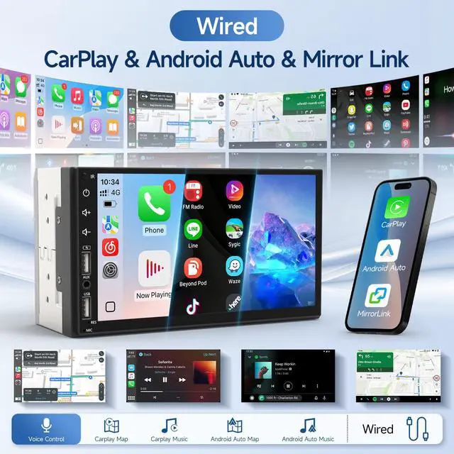 Alt view image 3 of 7 - Double Din Car Stereo Radio Support Apple Carplay&Android Auto, 7inch HD Touchscreen Double Din Radio with Bluetooth, Car Audio Receivers, Camera, MirrorLink, FM Radio, 2 USB/TF/AUX/Subwoofer
