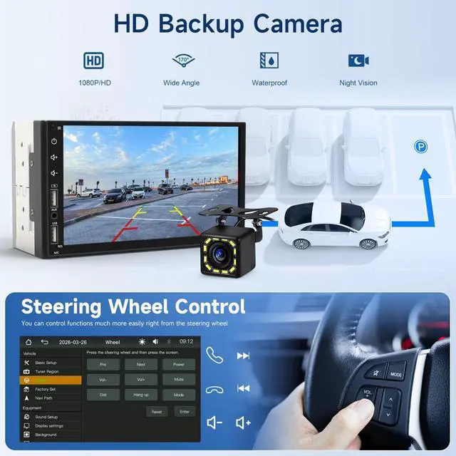 Alt view image 5 of 7 - Double Din Car Stereo Radio Support Apple Carplay&Android Auto, 7inch HD Touchscreen Double Din Radio with Bluetooth, Car Audio Receivers, Camera, MirrorLink, FM Radio, 2 USB/TF/AUX/Subwoofer