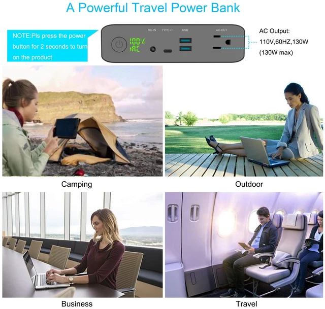 Alt view image 6 of 7 - Laptop Power Bank with AC Outlet 27000mAh TSA Approved 130W AC outlet laptop charger with 99.9Wh travel battery, USB charging ports for MacBook, laptops, drones and outdoor use