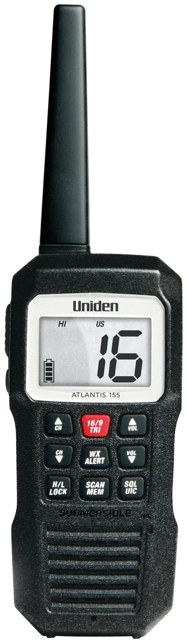 Main image of Atlantis 155 Handheld Two-Way VHF Marine Radio, Floating IPX8 Submersible Waterproof, Dual-Color Screen, All USA/International/Canadian Marine Channels, NOAA Weather Alert, 10 Hour Battery