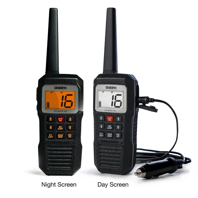 Alt view image 2 of 6 - Atlantis 155 Handheld Two-Way VHF Marine Radio, Floating IPX8 Submersible Waterproof, Dual-Color Screen, All USA/International/Canadian Marine Channels, NOAA Weather Alert, 10 Hour Battery