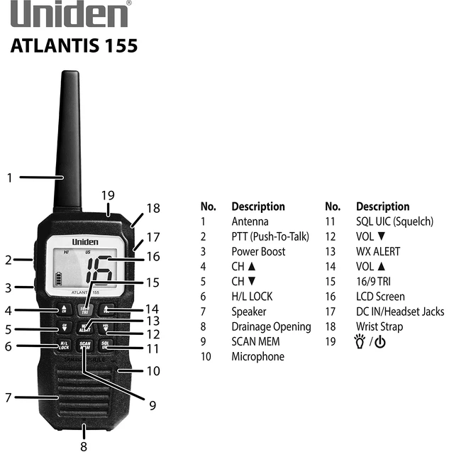 Alt view image 5 of 6 - Atlantis 155 Handheld Two-Way VHF Marine Radio, Floating IPX8 Submersible Waterproof, Dual-Color Screen, All USA/International/Canadian Marine Channels, NOAA Weather Alert, 10 Hour Battery
