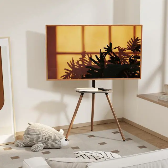 Alt view image 2 of 7 - Tripod TV Stand for 43-65" TVs, Swivel, Black Walnut | Height-adjustable easel TV stand, wood media shelf, cable management and VESA up to 400x400