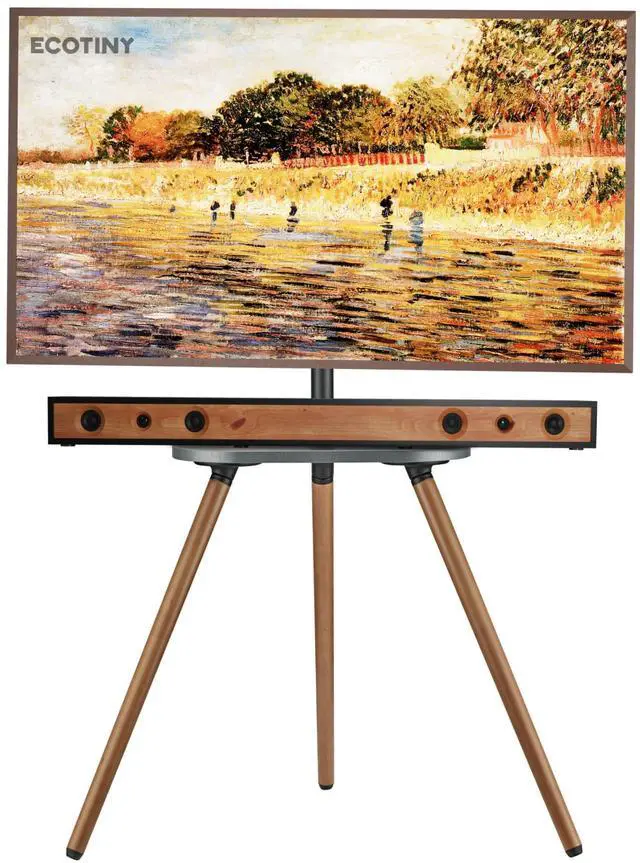 Main image of Tripod TV Stand for 43-65" TVs, Swivel, Black Walnut | Height-adjustable easel TV stand, wood media shelf, cable management and VESA up to 400x400