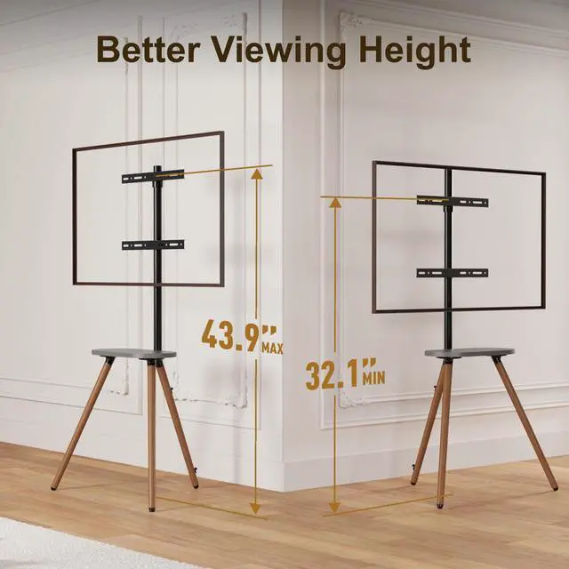 Alt view image 3 of 7 - Tripod TV Stand for 43-65" TVs, Swivel, Black Walnut | Height-adjustable easel TV stand, wood media shelf, cable management and VESA up to 400x400
