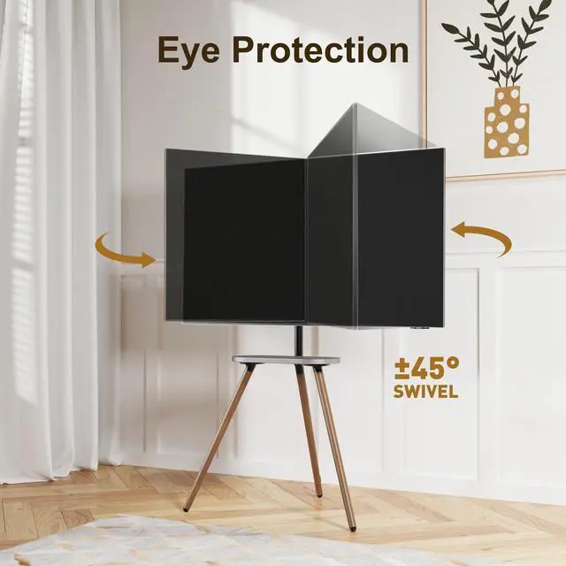 Alt view image 4 of 7 - Tripod TV Stand for 43-65" TVs, Swivel, Black Walnut | Height-adjustable easel TV stand, wood media shelf, cable management and VESA up to 400x400