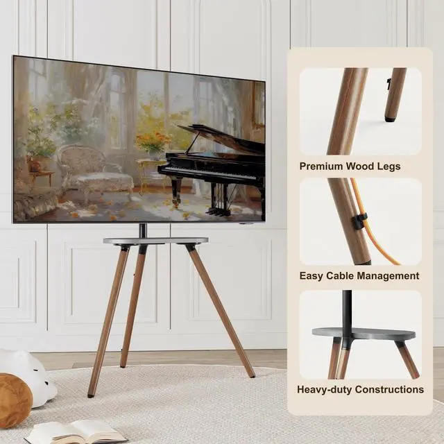 Alt view image 5 of 7 - Tripod TV Stand for 43-65" TVs, Swivel, Black Walnut | Height-adjustable easel TV stand, wood media shelf, cable management and VESA up to 400x400