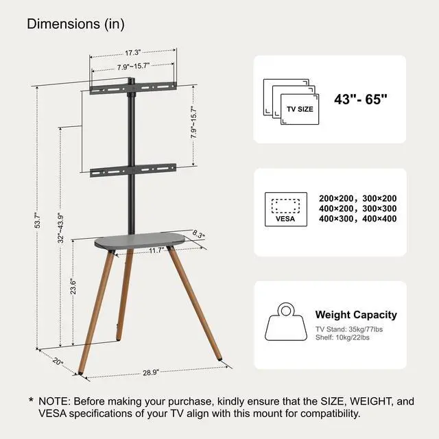 Alt view image 7 of 7 - Tripod TV Stand for 43-65" TVs, Swivel, Black Walnut | Height-adjustable easel TV stand, wood media shelf, cable management and VESA up to 400x400