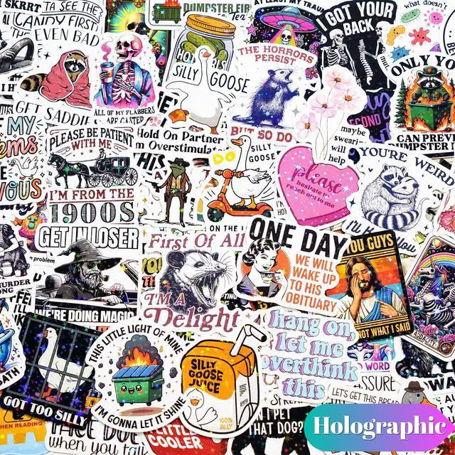 Alt view image 4 of 7 - 200 PCS Funny Holographic Stickers for Adults, Waterproof Vinyl Sarcastic Meme Decals for Laptop, Water Bottle, Phone, Kindle, Journal, Scrapbook, Bumper, Skateboard, Luggage, No Repeats