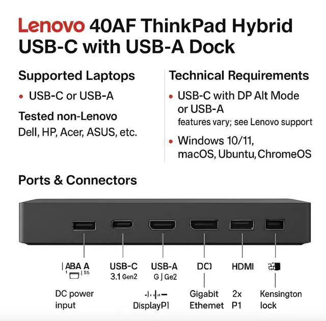 Alt view image 7 of 7 - 40AF0135US Lenovo Docking Station Dual Monitor - ThinkPad Dock USB-C, USB-A | Dual Monitor Support Connect multiple displays with HDMI & DisplayPort outputs