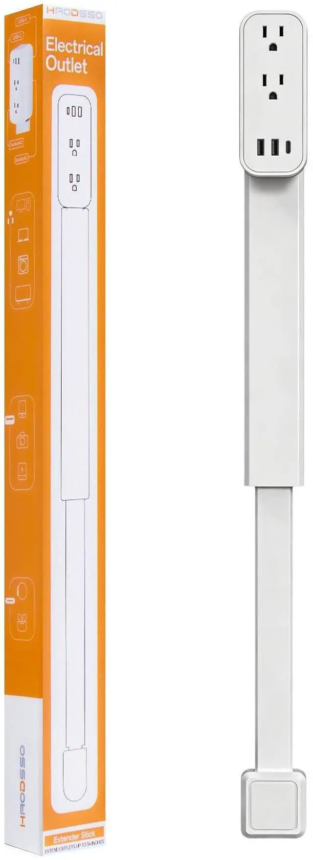 Main image of Outlet Extender Stick - Features USB-A, USB-C and 2 AC Outlets, Extends 17.5"-29.1", Rotates 360° Access Hard-to-Reach Outlets, Wall Plug Power Socket Expander Nightstands, Sofa, Desks and More