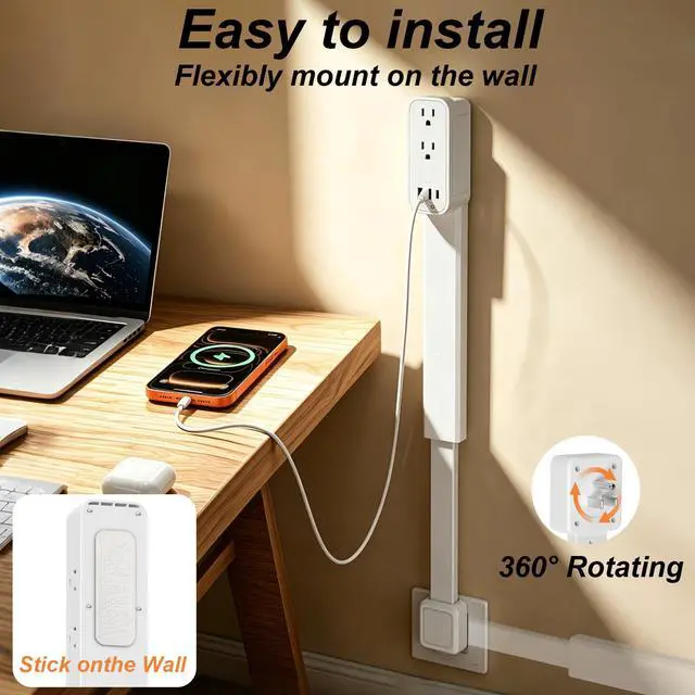 Alt view image 3 of 7 - Outlet Extender Stick - Features USB-A, USB-C and 2 AC Outlets, Extends 17.5"-29.1", Rotates 360° Access Hard-to-Reach Outlets, Wall Plug Power Socket Expander Nightstands, Sofa, Desks and More