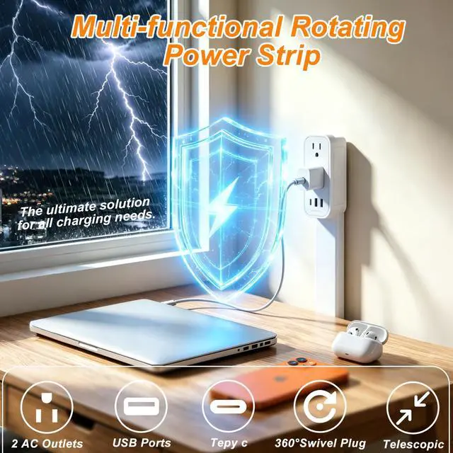 Alt view image 4 of 7 - Outlet Extender Stick - Features USB-A, USB-C and 2 AC Outlets, Extends 17.5"-29.1", Rotates 360° Access Hard-to-Reach Outlets, Wall Plug Power Socket Expander Nightstands, Sofa, Desks and More