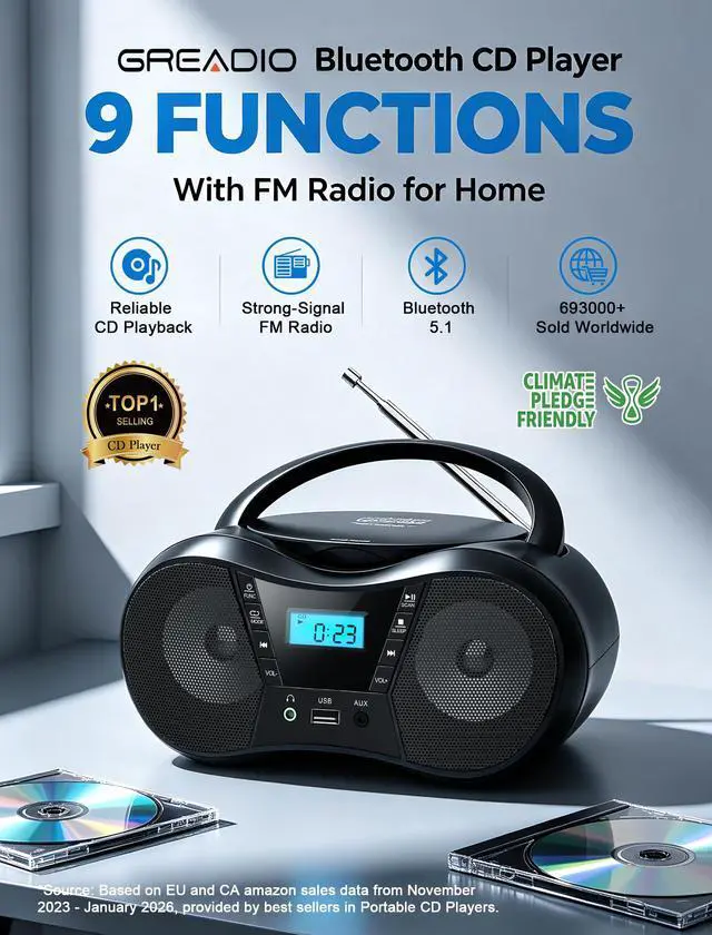 Alt view image 2 of 7 - Portable Boombox CD Players for Home with Bluetooth, Stereo Sound | FM Radio CD Player, Simple Controls, CD/CD-R/RW, Compact, AC/Battery Power, USB & AUX Input Playback, Sleep Timer (Black