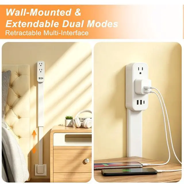 Alt view image 7 of 7 - Outlet Extender Stick - Features USB-A, USB-C and 2 AC Outlets, Extends 17.5"-29.1", Rotates 360° Access Hard-to-Reach Outlets, Wall Plug Power Socket Expander Nightstands, Sofa, Desks and More