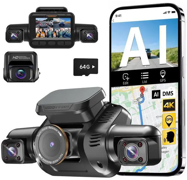 Main image of AI 4K Dash Cam Front and Rear, 4 Channel 360° View Camera for Car | 5GHz WiFi, AI Driver Monitor System DMS, Night Vision, Voice Control, GPS, Free 64GB Card, G-Sensor, 24H Parking Mode, V8PLUS