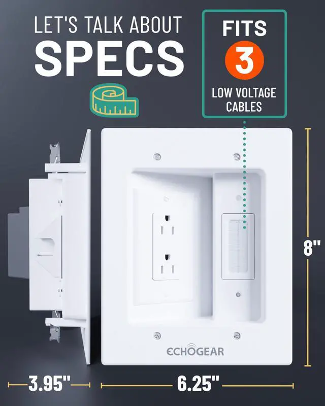 Alt view image 3 of 7 - TV Cord Hider for Wall Mounted TV Dual Outlet in-Wall Cable Management Kit for Power & Low Voltage Cables Includes 6.25L x 8H x 3.95D Module, Wall Template, Saw, 6ft Extension Cord