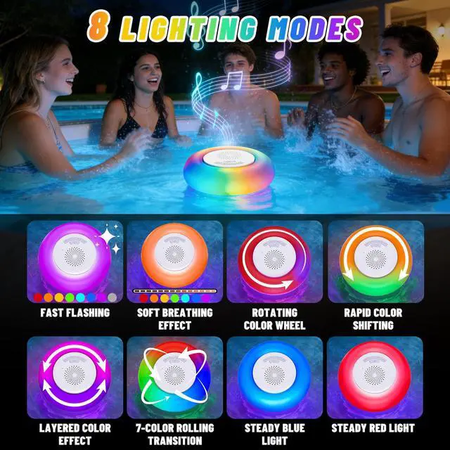 Alt view image 4 of 7 - 2 Pack Floating Pool Lights with Bluetooth Pool Speaker | 2-in-1 RGB Pool Lights, IP68 Waterproof, 360° Hi-Fi Sound for Pool, Hot Tub and Outdoor Parties
