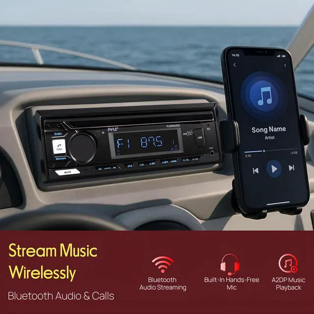 Alt view image 4 of 7 - Marine Bluetooth Stereo Radio - 12v Single DIN Style Boat In dash Radio Receiver System with Built-in Mic, Digital LCD, RCA, MP3, USB, AM FM Radio - Remote Control - PLMRB29B (Black)