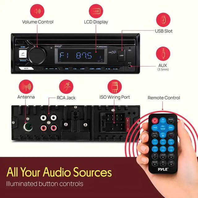 Alt view image 5 of 7 - Marine Bluetooth Stereo Radio - 12v Single DIN Style Boat In dash Radio Receiver System with Built-in Mic, Digital LCD, RCA, MP3, USB, AM FM Radio - Remote Control - PLMRB29B (Black)
