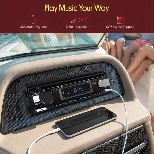 Alt view image 6 of 7 - Marine Bluetooth Stereo Radio - 12v Single DIN Style Boat In dash Radio Receiver System with Built-in Mic, Digital LCD, RCA, MP3, USB, AM FM Radio - Remote Control - PLMRB29B (Black)