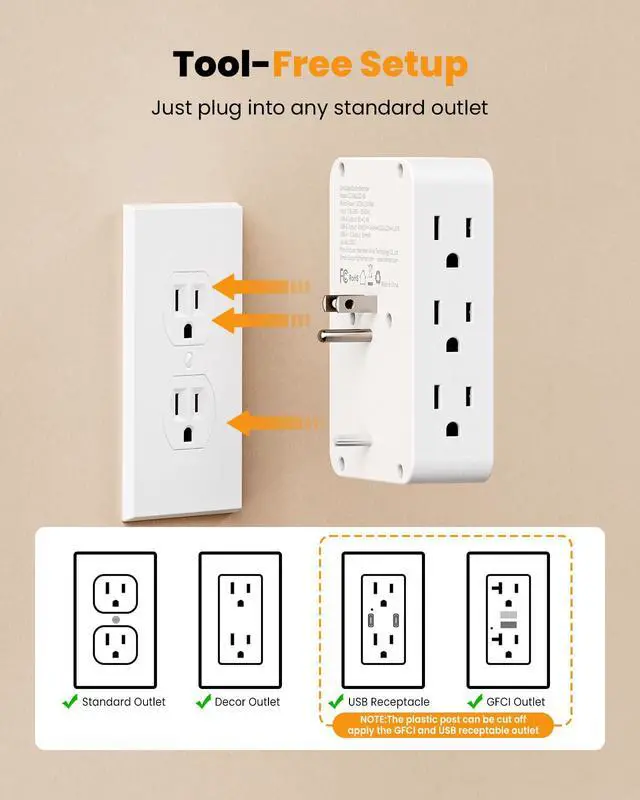 Alt view image 7 of 7 - Outlet Extender with 6AC Side Outlets,Flat Wall Outlet,PD 20W USB C | Multiple Outlet for Behind Couches Nightstands Desks TV,3 Sideways Plug Adapter,Electrical Outlet Extender with 4 Cable Clips