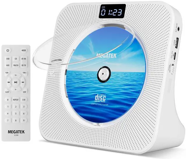 Main image of Portable CD Player with Bluetooth RX/TX, FM Radio & USB - White | Desktop Design, HiFi Stereo Speakers, Front Display, Headphone Jack, Sleep Timer, Remote, USB-C Adapter Included