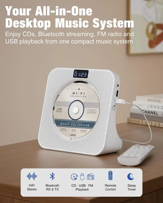 Alt view image 2 of 7 - Portable CD Player with Bluetooth RX/TX, FM Radio & USB - White | Desktop Design, HiFi Stereo Speakers, Front Display, Headphone Jack, Sleep Timer, Remote, USB-C Adapter Included