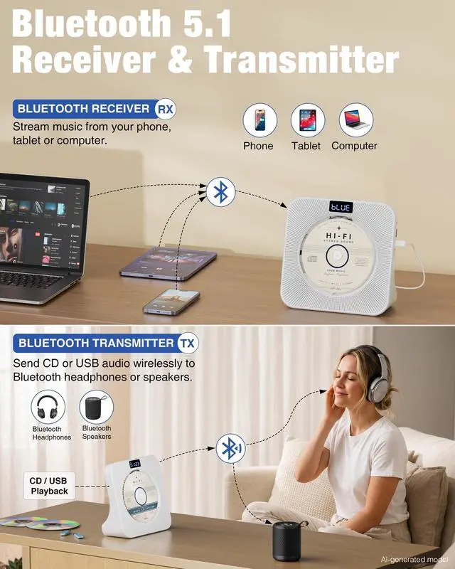 Alt view image 3 of 7 - Portable CD Player with Bluetooth RX/TX, FM Radio & USB - White | Desktop Design, HiFi Stereo Speakers, Front Display, Headphone Jack, Sleep Timer, Remote, USB-C Adapter Included