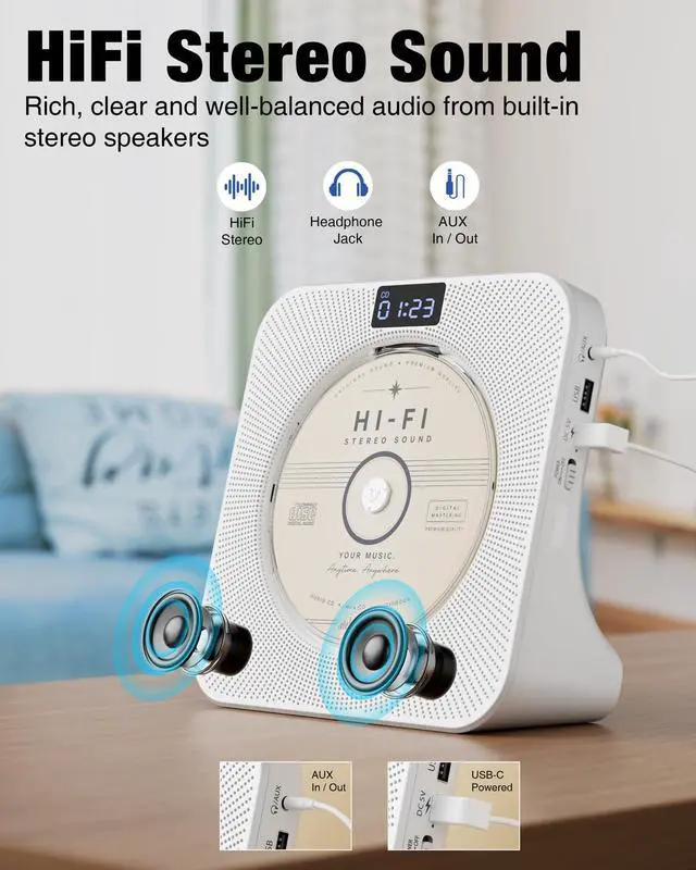 Alt view image 4 of 7 - Portable CD Player with Bluetooth RX/TX, FM Radio & USB - White | Desktop Design, HiFi Stereo Speakers, Front Display, Headphone Jack, Sleep Timer, Remote, USB-C Adapter Included