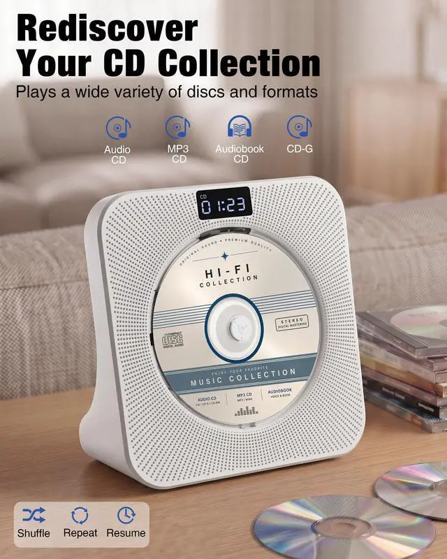 Alt view image 5 of 7 - Portable CD Player with Bluetooth RX/TX, FM Radio & USB - White | Desktop Design, HiFi Stereo Speakers, Front Display, Headphone Jack, Sleep Timer, Remote, USB-C Adapter Included