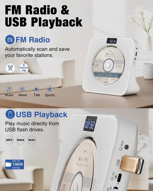 Alt view image 6 of 7 - Portable CD Player with Bluetooth RX/TX, FM Radio & USB - White | Desktop Design, HiFi Stereo Speakers, Front Display, Headphone Jack, Sleep Timer, Remote, USB-C Adapter Included