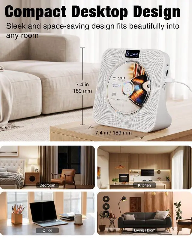 Alt view image 7 of 7 - Portable CD Player with Bluetooth RX/TX, FM Radio & USB - White | Desktop Design, HiFi Stereo Speakers, Front Display, Headphone Jack, Sleep Timer, Remote, USB-C Adapter Included