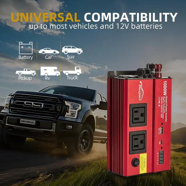 Alt view image 2 of 7 - Car 1000w Inverter,12v DC to 110v Power Inverters for Vehicles 1000 watt with Dual AC Outlets 3.0A USB and Type-C,12 Volt Inverter Car Cigarette Lighter Battery